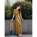 HZHJ's new original designer's ink floral ins dress is a niche mid sleeve French western-style queen